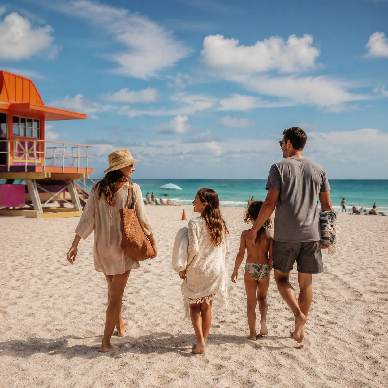 Realistic editorial photo of Florida beach vacation scene showing south beach for a relaxing family week, bright coastal