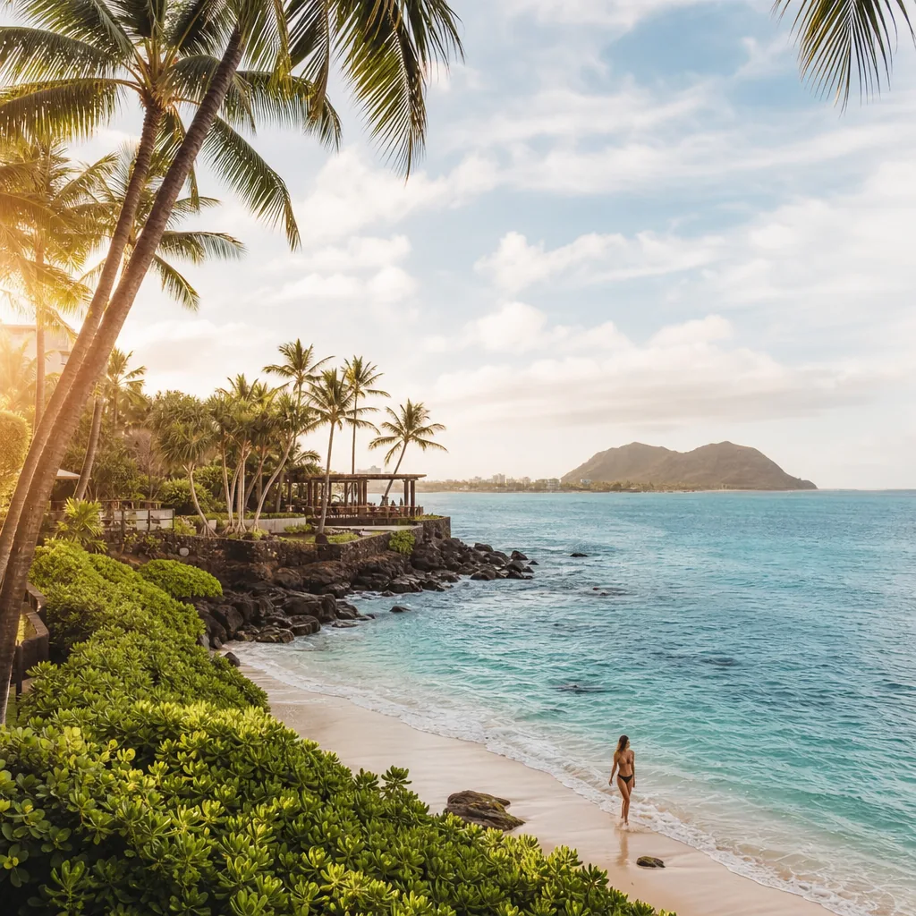 Realistic editorial photo of Hawaii resort scene showing waikiki and remote paradise, tropical beach setting, warm natur