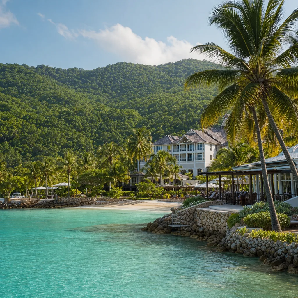Realistic editorial photo of Jamaica all-inclusive resort scene showing montego bay for seclusion, beach and tropical hi