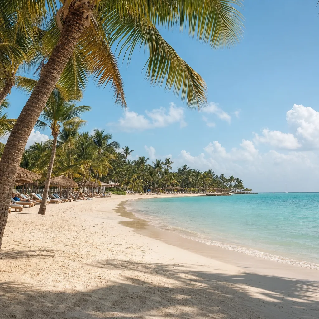 Realistic editorial photo of Punta Cana all-inclusive resort scene showing bavaro beach without checking your exact stre
