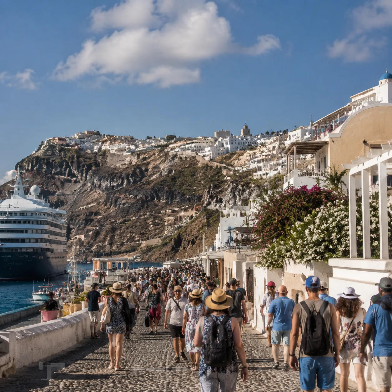 Realistic editorial photo of Santorini, Greece cruise port waterfront with visitors, local streets, and ship-day energy,