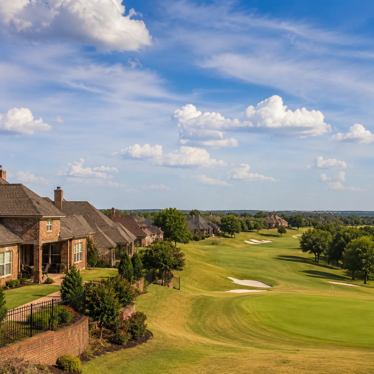 Realistic editorial photo of a North Texas retirement golf community with brick homes, fairway, wide sky, and dry summer