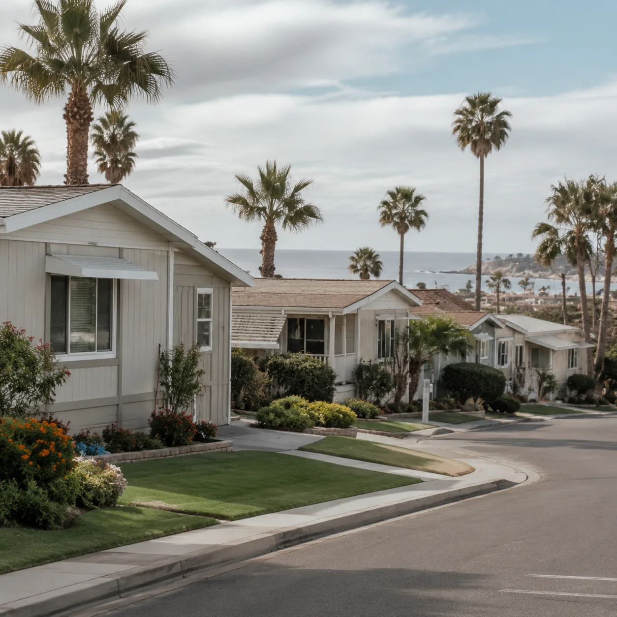 Realistic editorial photo of an older coastal Southern California retirement co-op community with small homes, neat lawn
