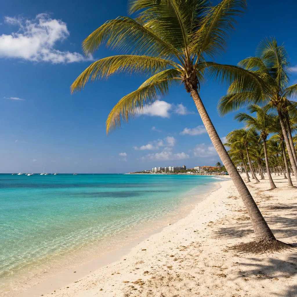 Realistic editorial photo of Aruba beach scene showing palm beach and never looking elsewhere, dry island light and turq