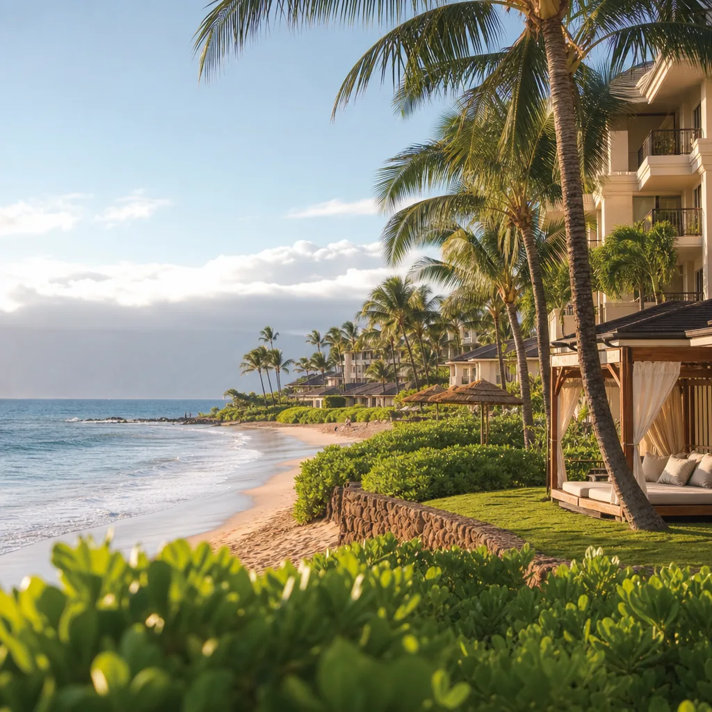 Realistic editorial photo of Hawaii resort scene showing maui luxury without rental car math, tropical beach setting, wa