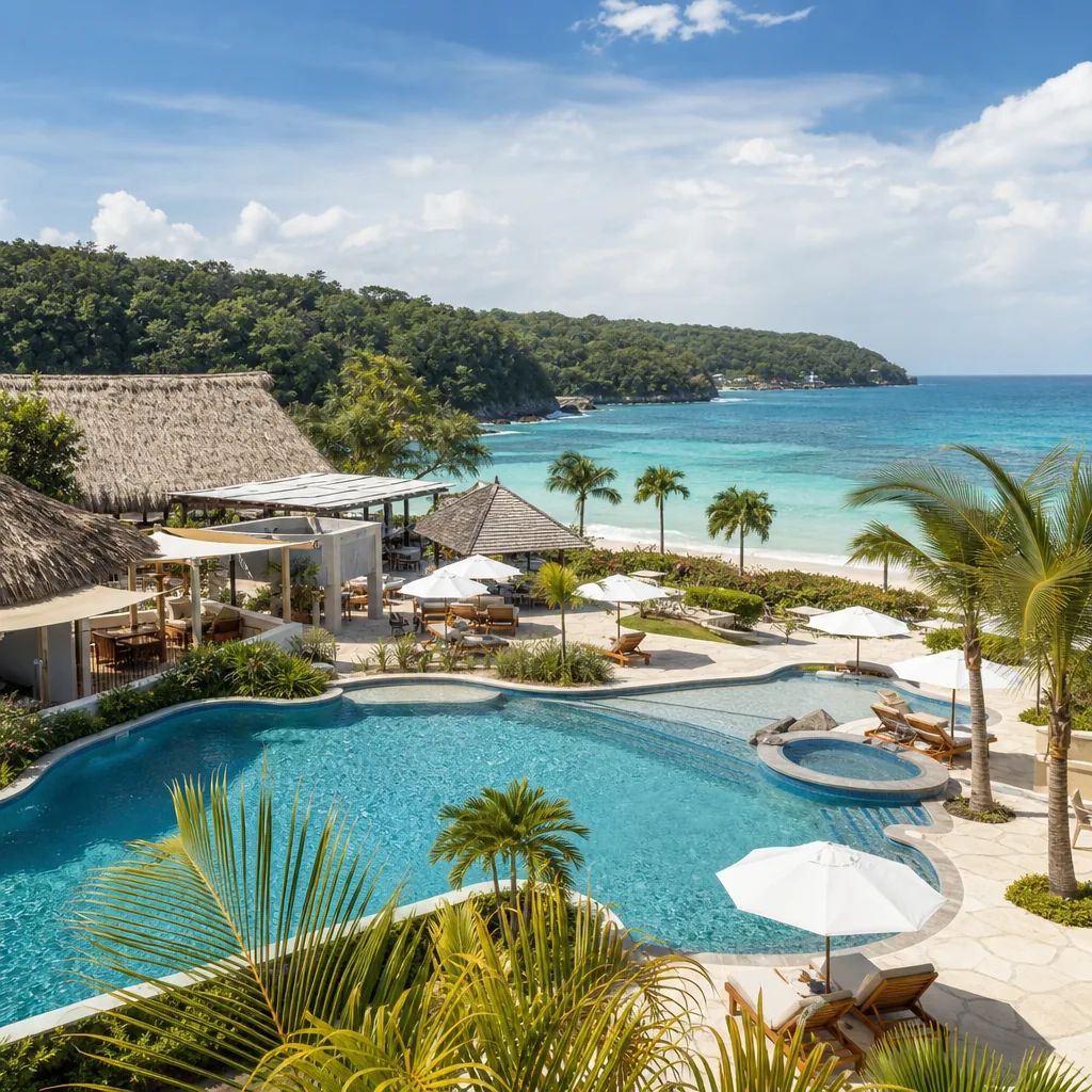 Realistic editorial photo of Jamaica all-inclusive resort scene showing negril without caring about beach walkability, b