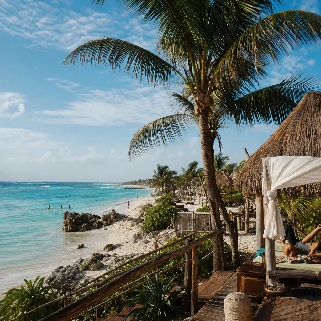 Realistic editorial photo of Mexico resort scene showing tulum for a cheap beach week, beach resort setting, warm natura