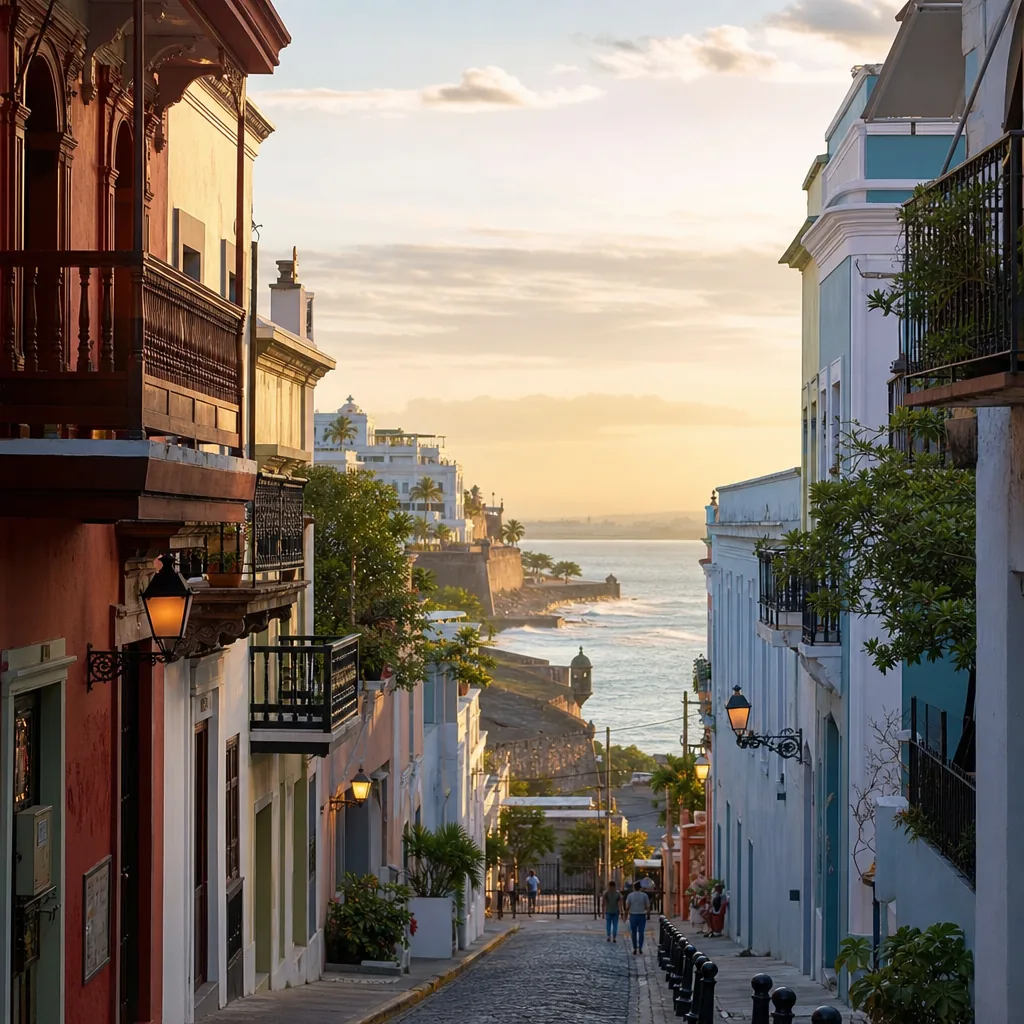 Realistic editorial photo of Puerto Rico travel scene showing in san juan, colorful streets and coastline, warm natural