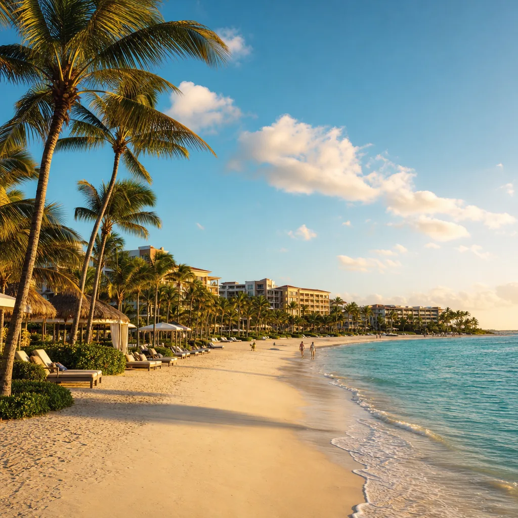 Realistic editorial photo of Punta Cana all-inclusive resort scene showing mega-resort when you hate crowds, palms and r