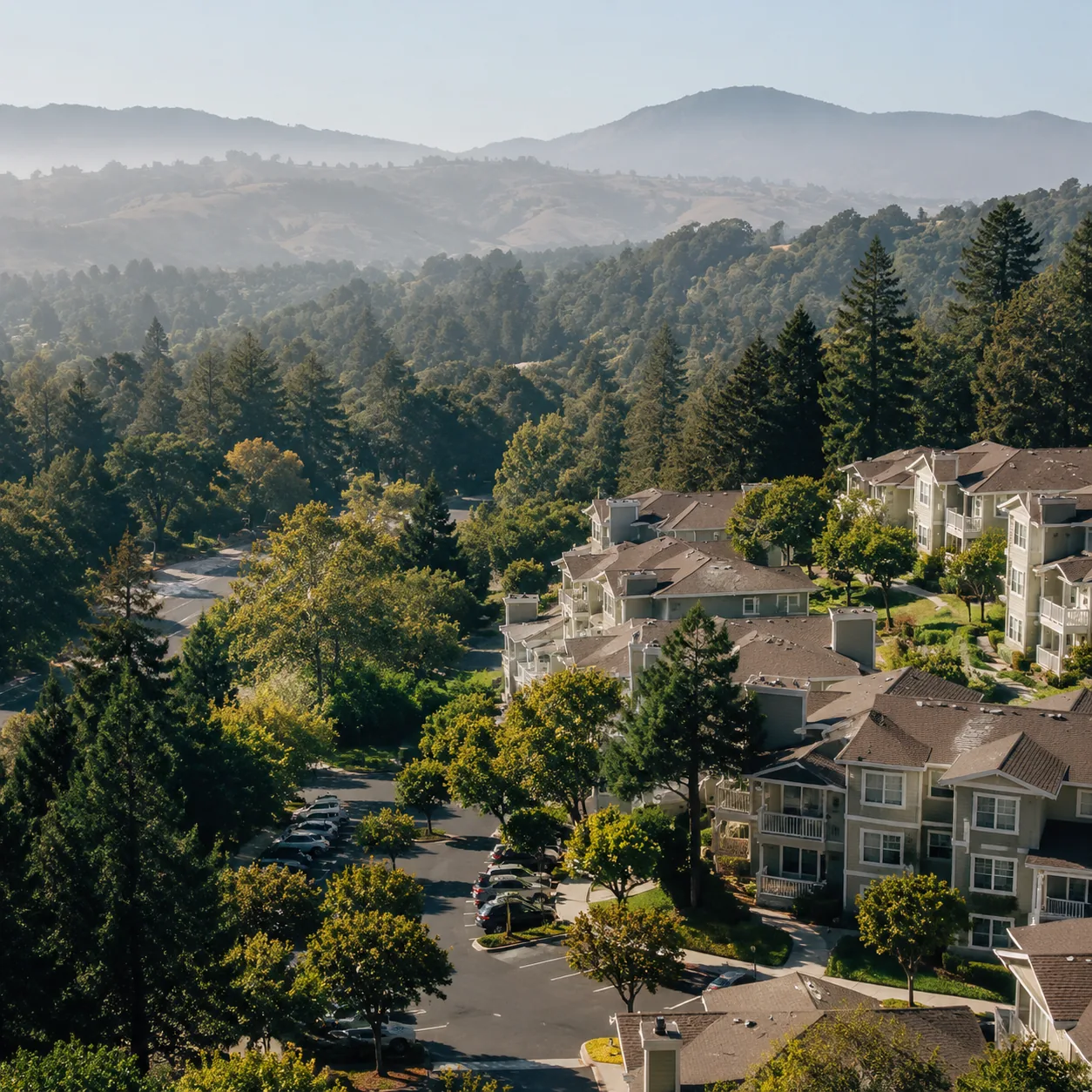Realistic editorial photo of a Bay Area retirement community with hillside condos, mature trees, parking areas, and soft