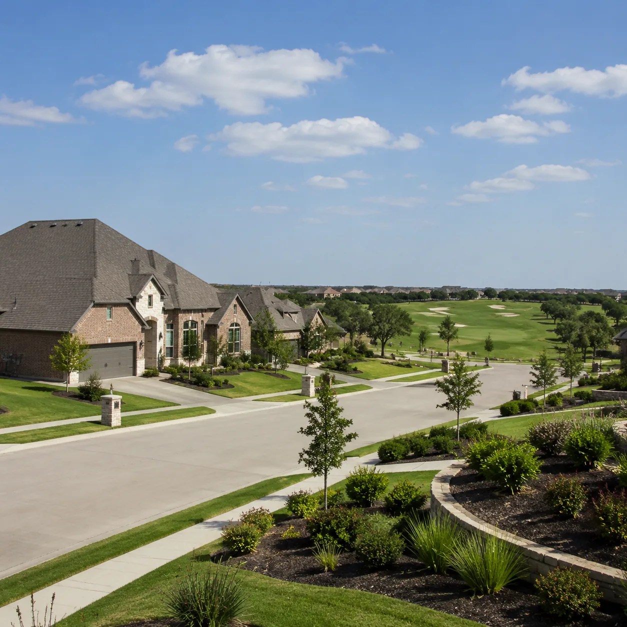 Realistic editorial photo of a Frisco Texas active adult community with brick homes, golf course, new suburban roads, an