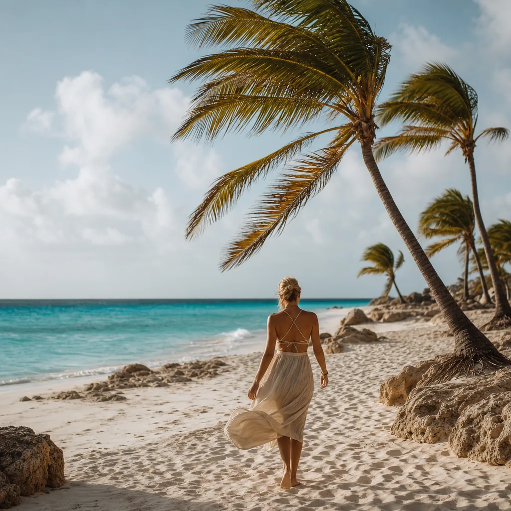 Realistic editorial photo of Aruba beach scene showing constant wind, dry island light and turquoise water, warm natural