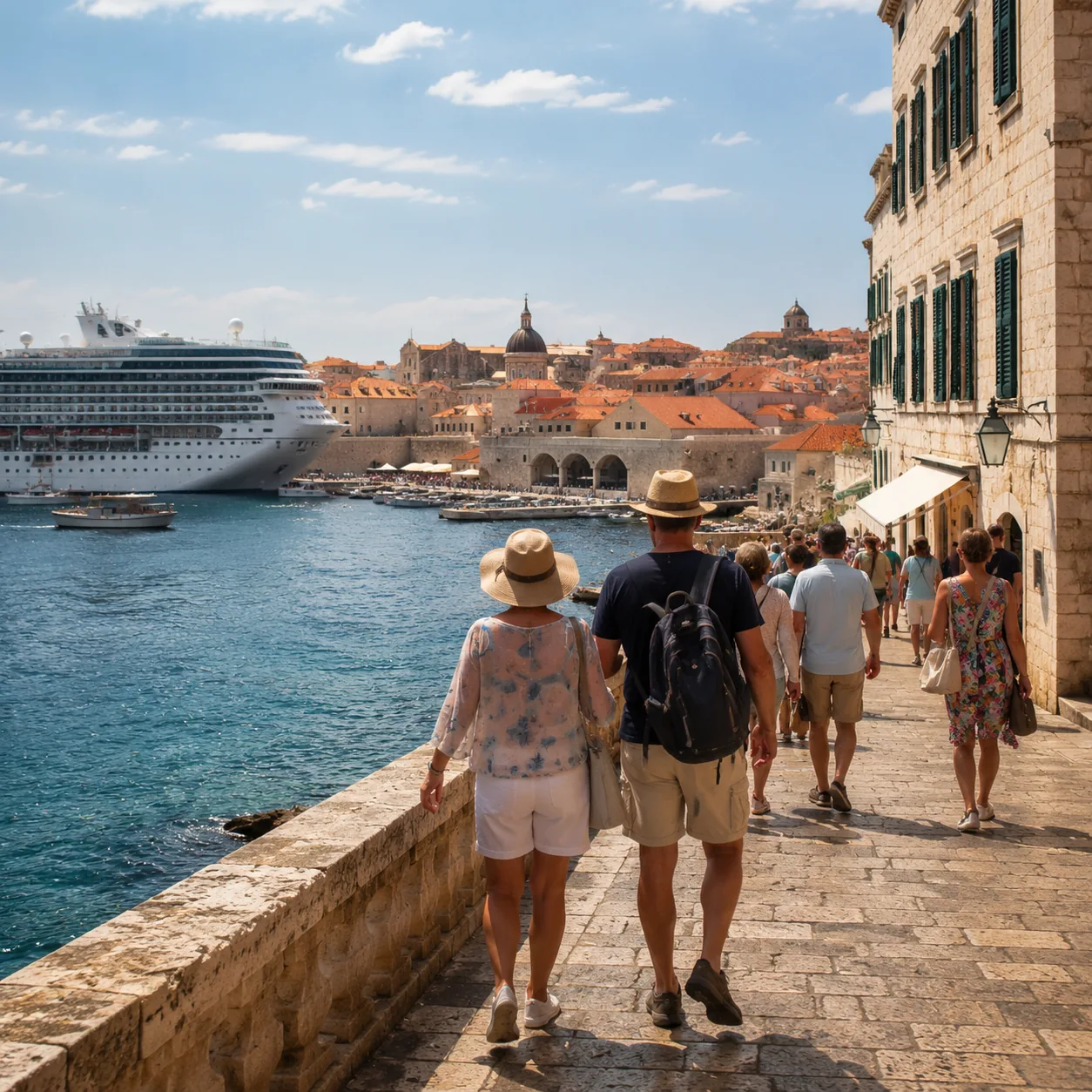 Realistic editorial photo of Dubrovnik, Croatia cruise port waterfront with visitors, local streets, and ship-day energy