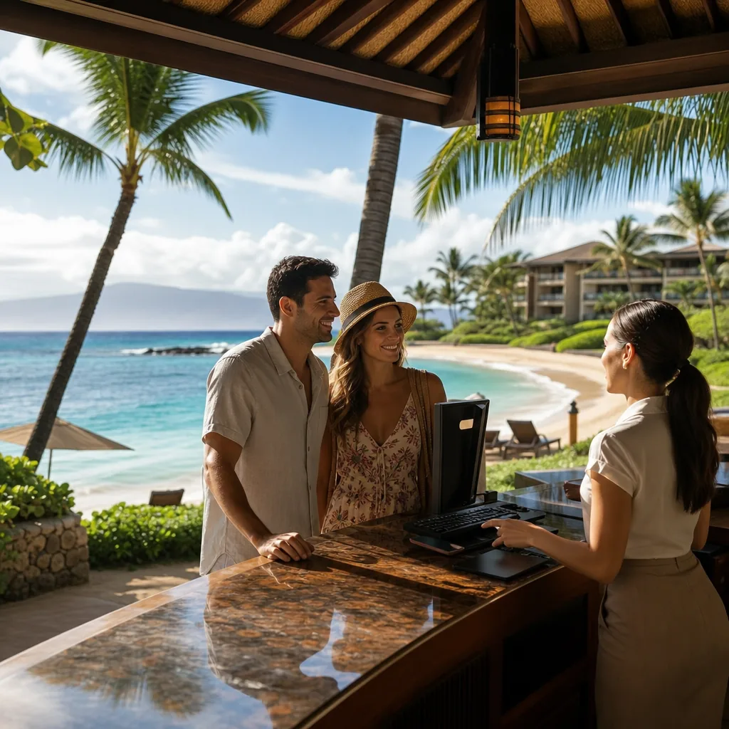 Realistic editorial photo of Hawaii resort scene showing oceanfront prices for a street-noise room, tropical beach setti
