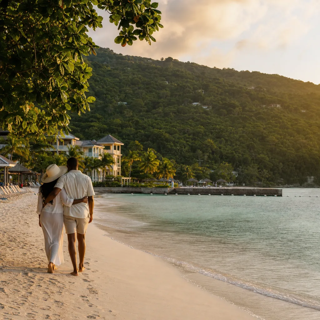 Realistic editorial photo of Jamaica all-inclusive resort scene showing ocho rios for a quiet couple's trip, beach and t