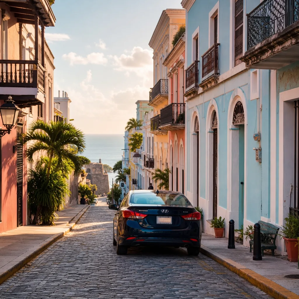 Realistic editorial photo of Puerto Rico travel scene showing old san juan with a rental car, colorful streets and coast