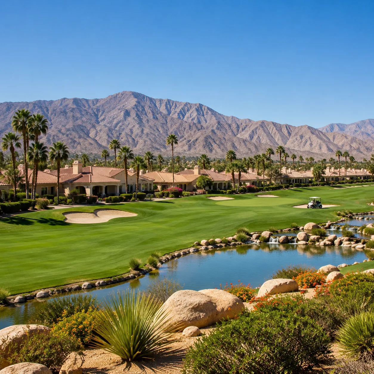 Realistic editorial photo of a desert retirement golf community in Palm Desert with fairway, stucco homes, palms, mounta