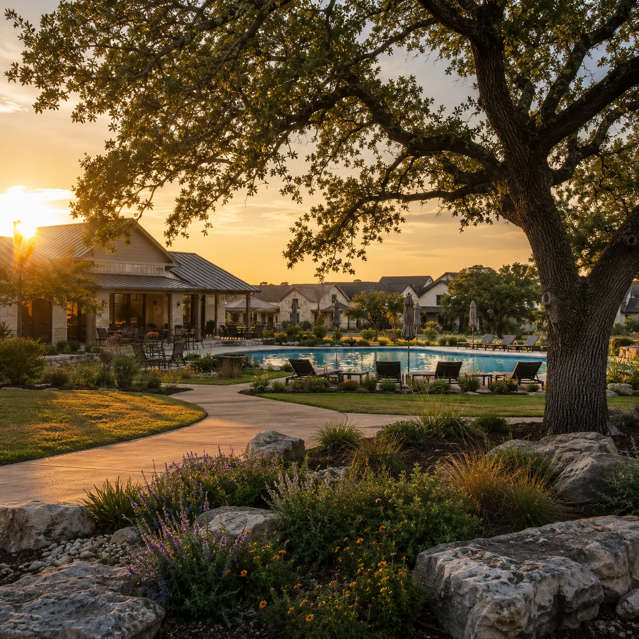 Realistic editorial photo of a stylish San Marcos Texas 55 plus community with modern hill country homes, clubhouse pool