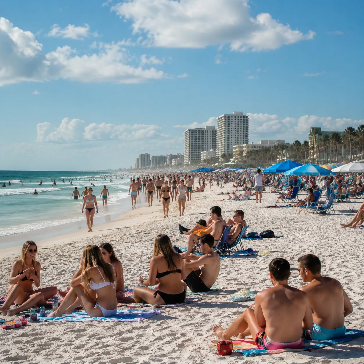 Realistic editorial photo of Florida beach vacation scene showing panama city beach during spring break, bright coastal 