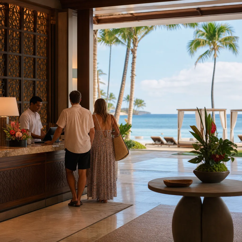 Realistic editorial photo of Hawaii resort scene showing resort fee without using the perks, tropical beach setting, war