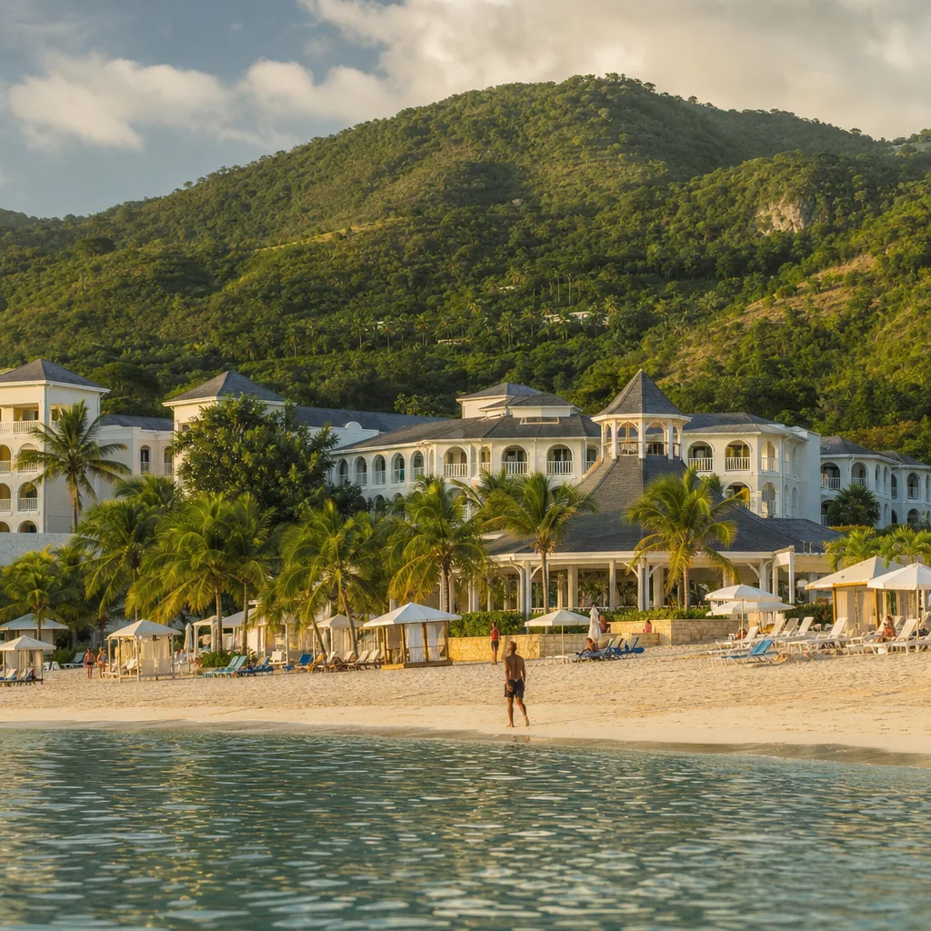 Realistic editorial photo of Jamaica all-inclusive resort scene showing resort far from the airport on a short stay, bea