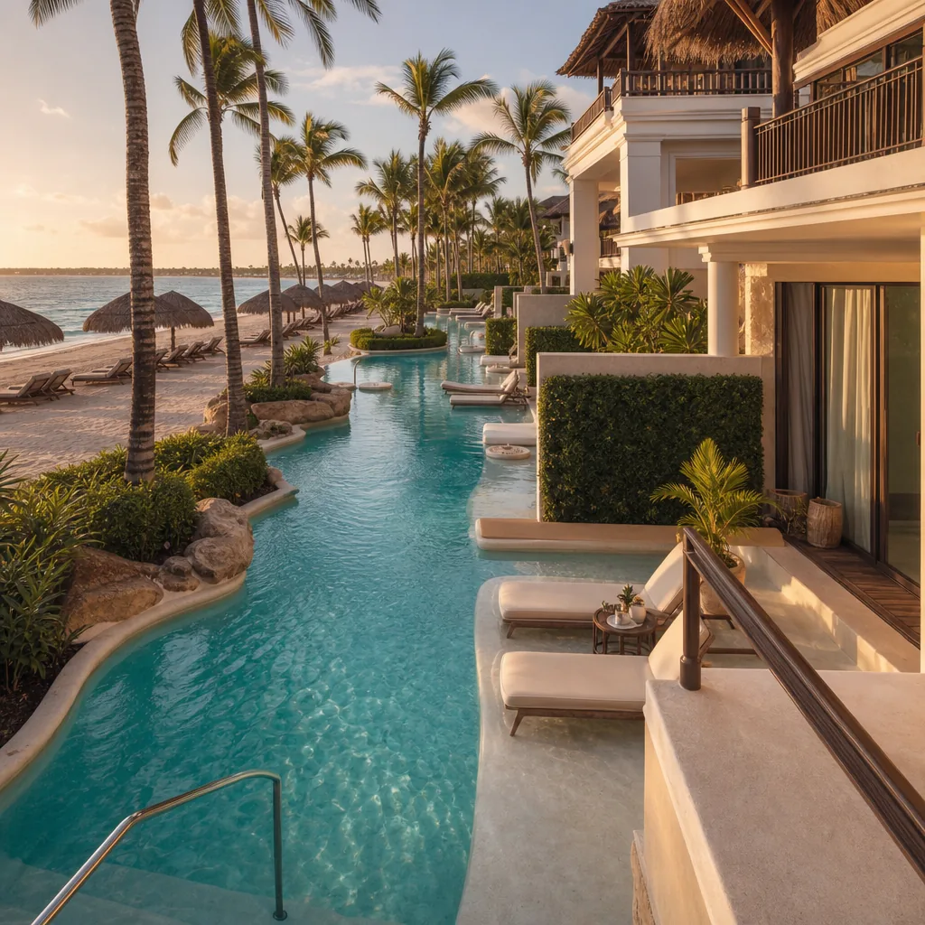 Realistic editorial photo of Punta Cana all-inclusive resort scene showing all swim-up rooms are private, palms and reso