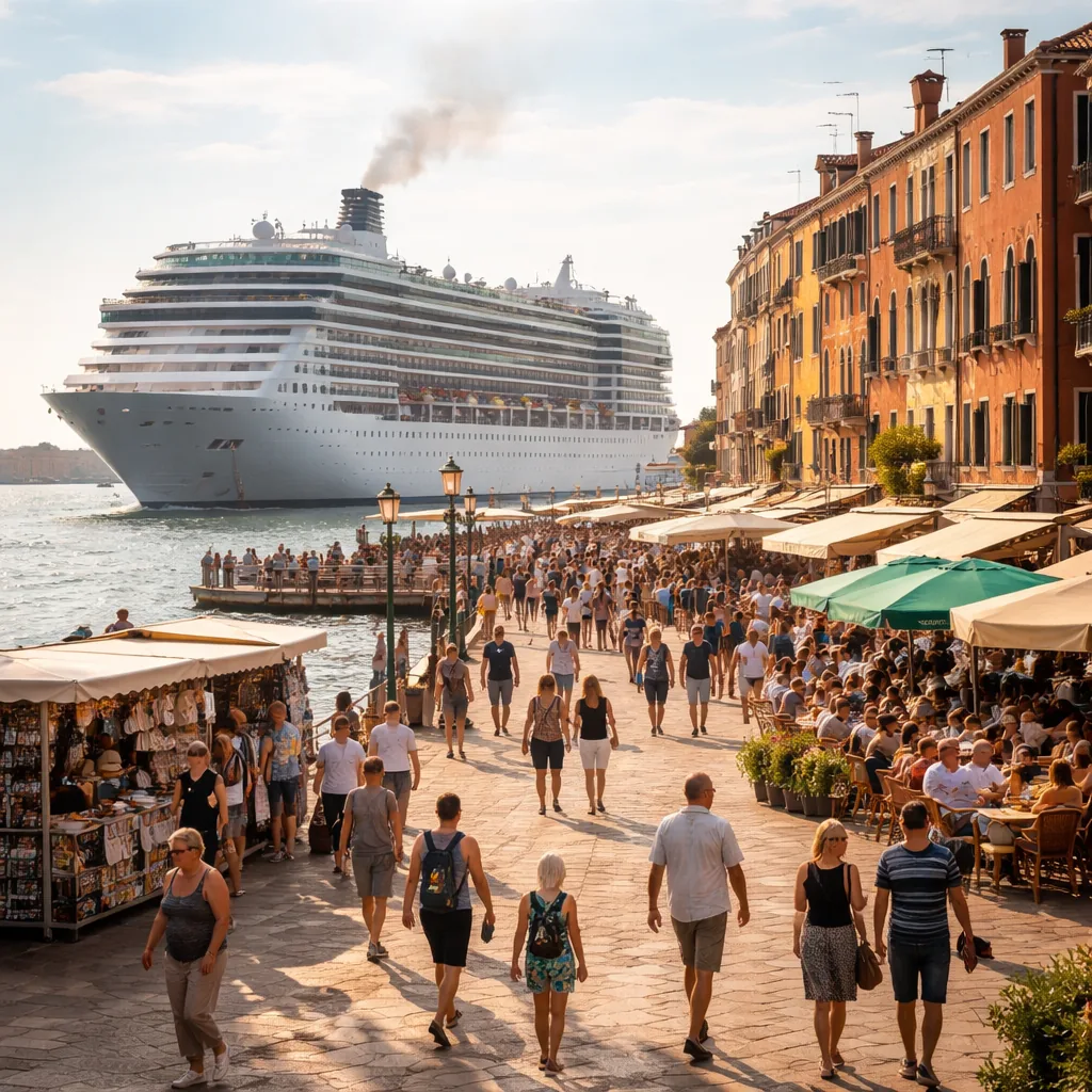 Realistic editorial photo of Venice Or Marghera, Italy cruise port waterfront with visitors, local streets, and ship-day