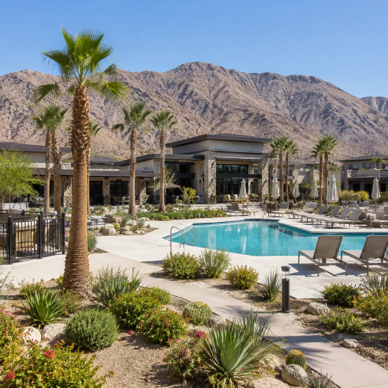 Realistic editorial photo of a newer Rancho Mirage active adult community with modern desert landscaping, clubhouse pool