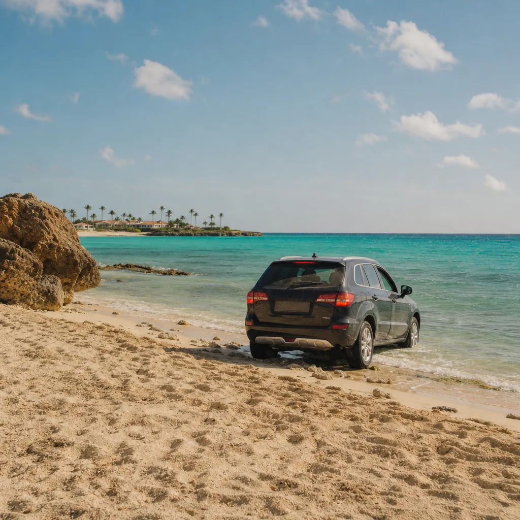 Realistic editorial photo of Aruba beach scene showing car too late, dry island light and turquoise water, warm natural 