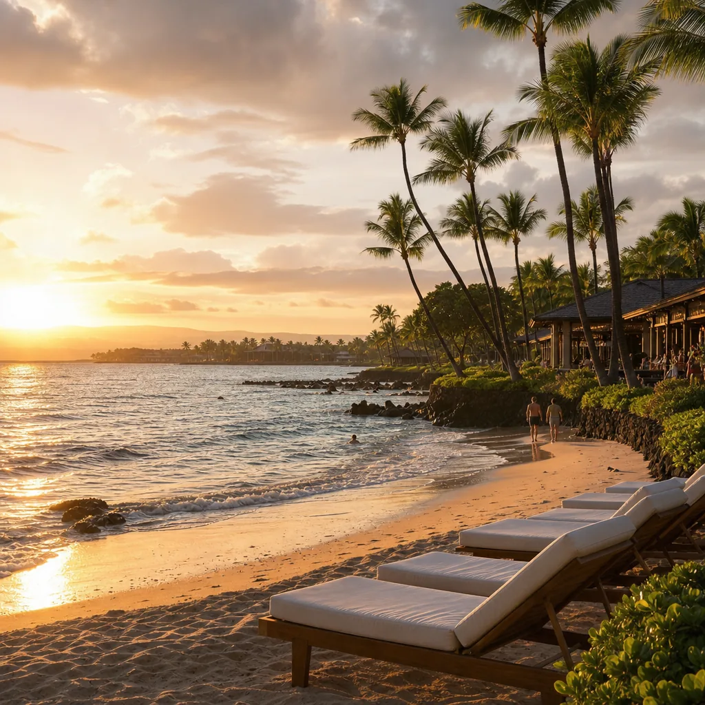 Realistic editorial photo of Hawaii resort scene showing wrong island for your first trip, tropical beach setting, warm
