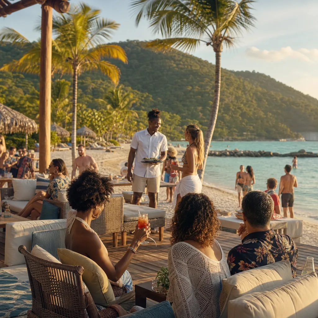 Realistic editorial photo of Jamaica all-inclusive resort scene showing party all-inclusive for family sleep, beach and 