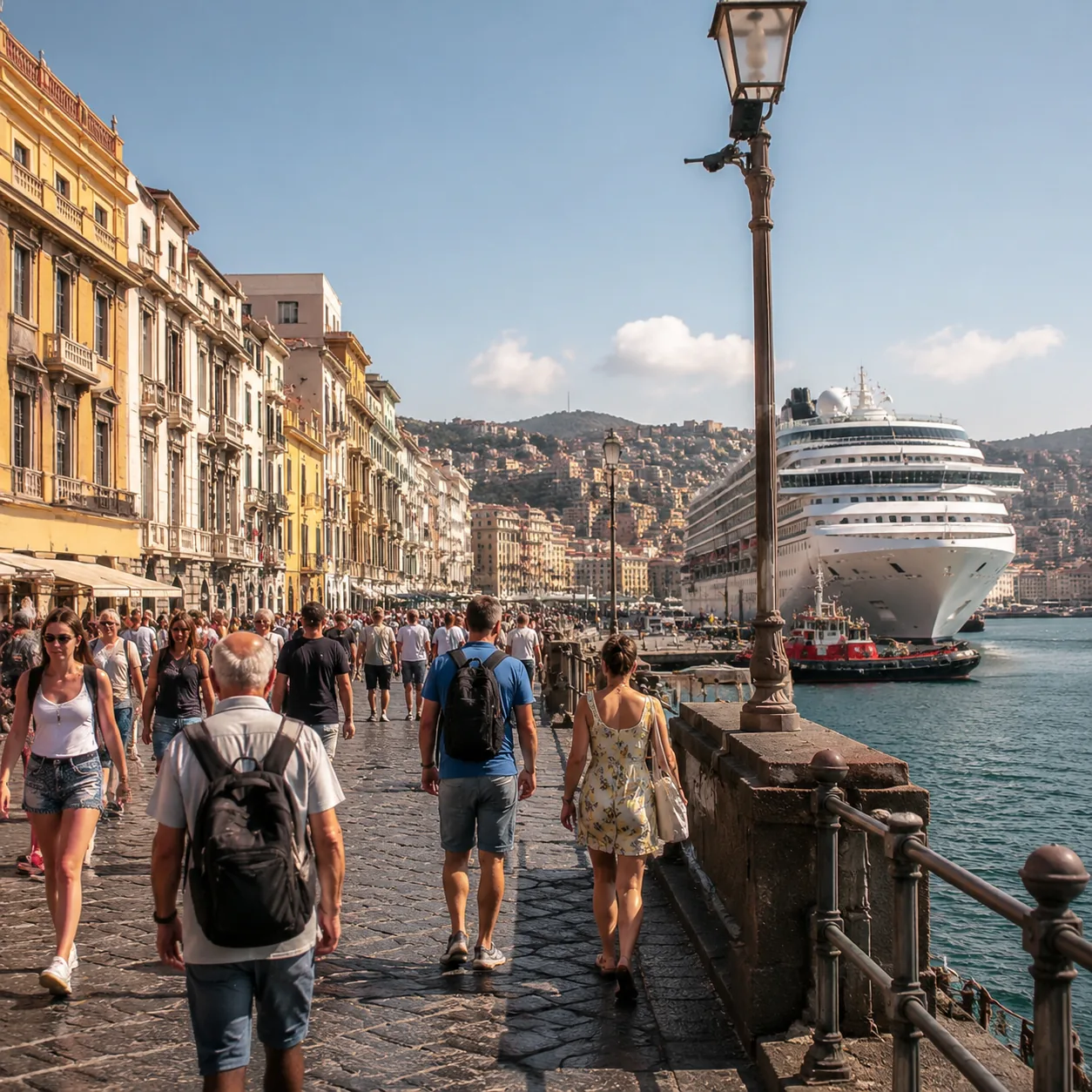 Realistic editorial photo of Naples, Italy cruise port waterfront with visitors, local streets, and ship-day energy, war