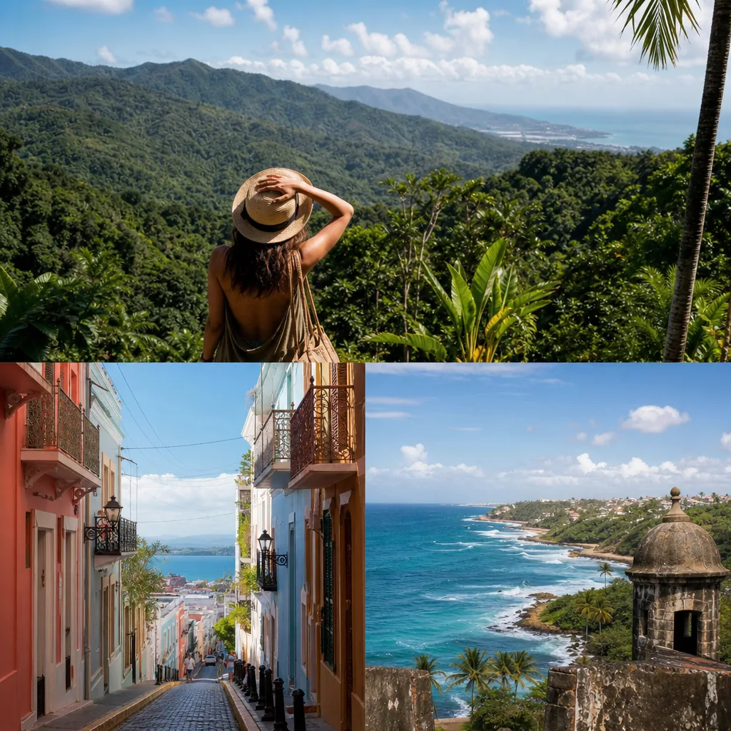 Realistic editorial photo of Puerto Rico travel scene showing el yunque like a drop-in stop, colorful streets and coastl