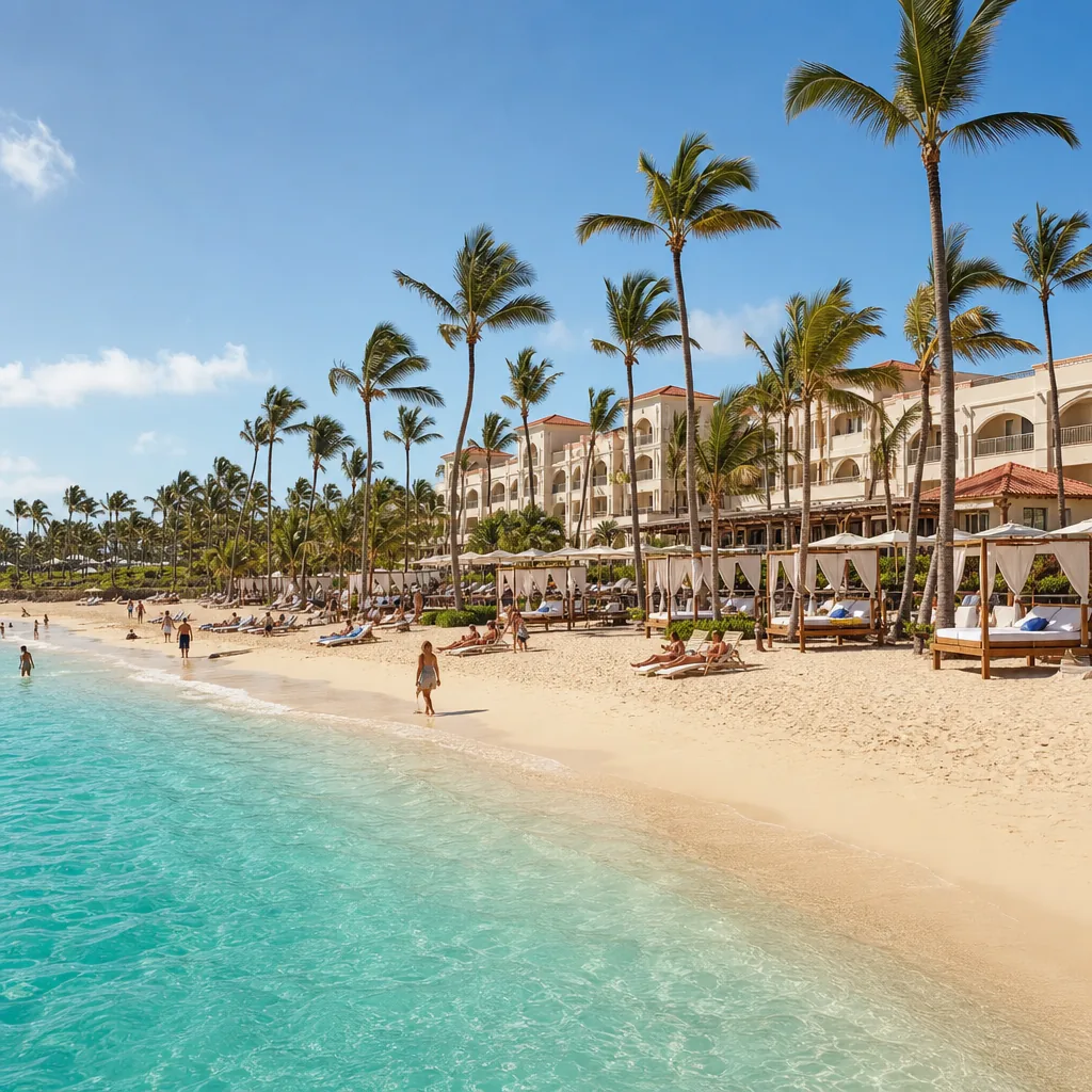 Realistic editorial photo of Punta Cana all-inclusive resort scene showing resort with great photos but weak shade, palm