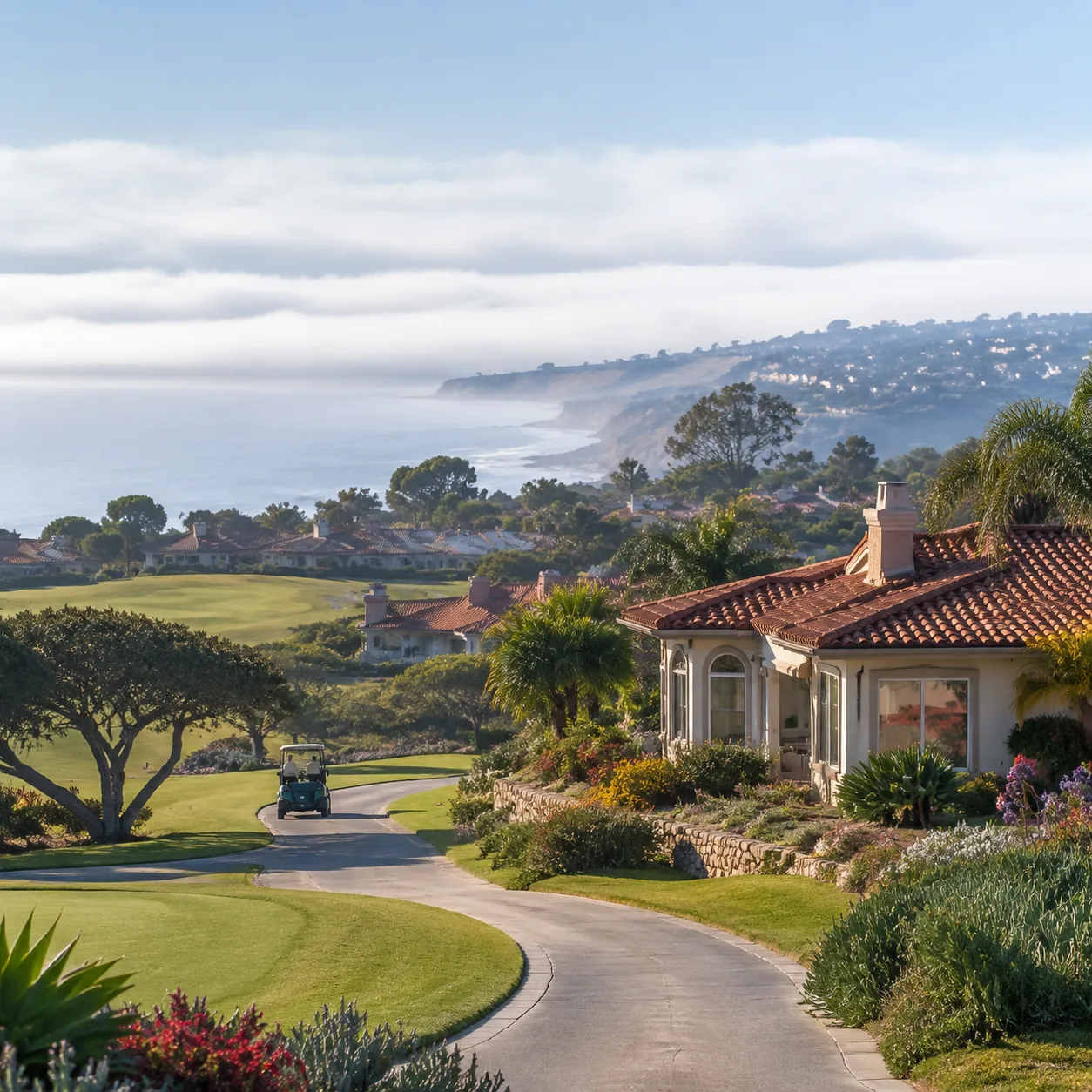 Realistic editorial photo of a coastal San Diego County 55 plus community with tile-roof homes, hills, golf cart path, a
