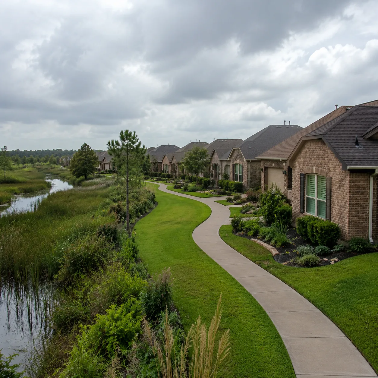 Realistic editorial photo of a Houston-area active adult community with brick homes, wetlands nearby, cloudy humid sky, 