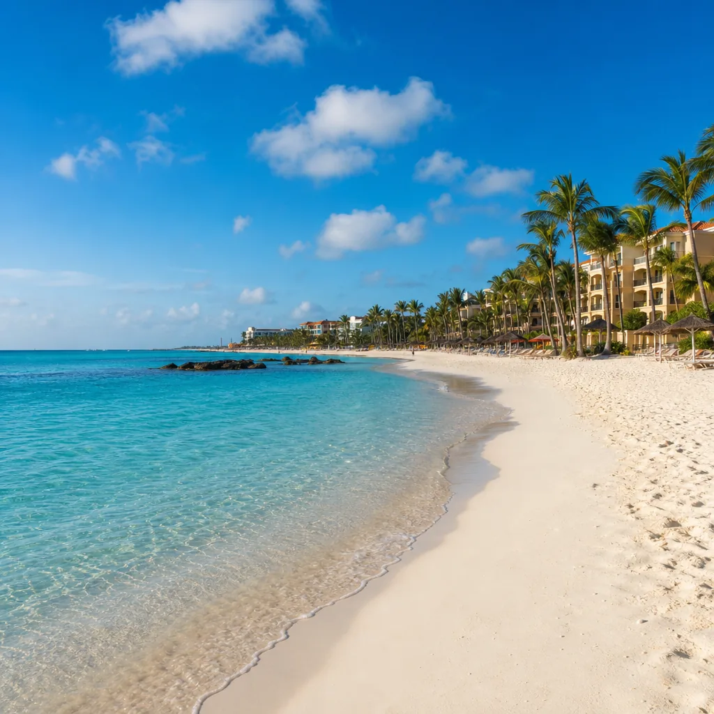 Realistic editorial photo of Aruba beach scene showing eagle beach is walkable from every resort, dry island light and t