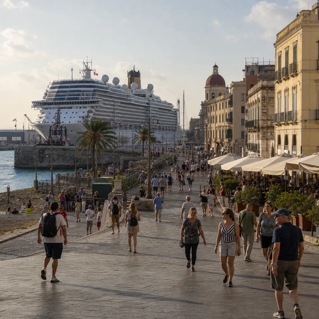 Realistic editorial photo of Civitavecchia For Rome, Italy cruise port waterfront with visitors, local streets, and ship
