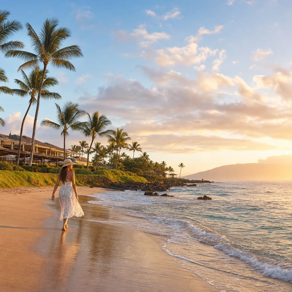 Realistic editorial photo of Hawaii resort scene showing every beach is swimmable year-round, tropical beach setting, wa