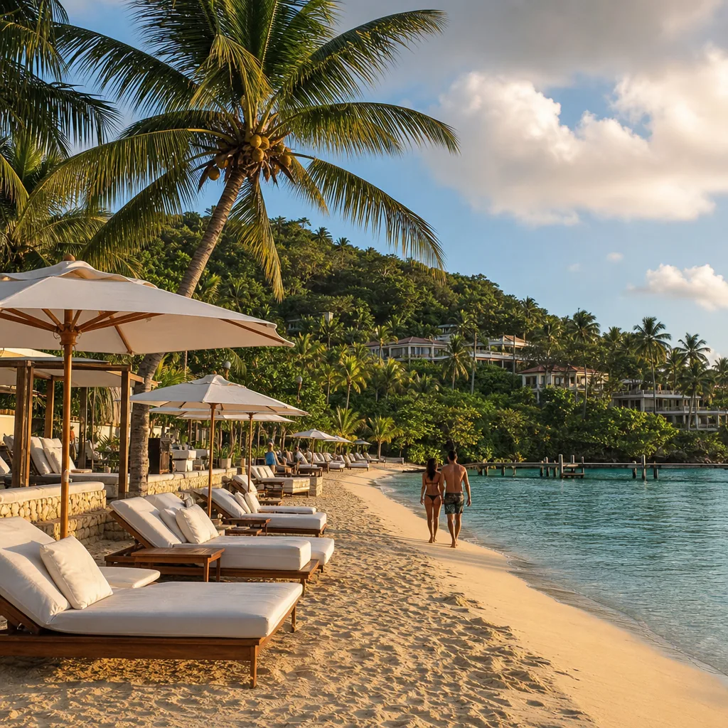 Realistic editorial photo of Jamaica all-inclusive resort scene showing luxury rates for basic food, beach and tropical 
