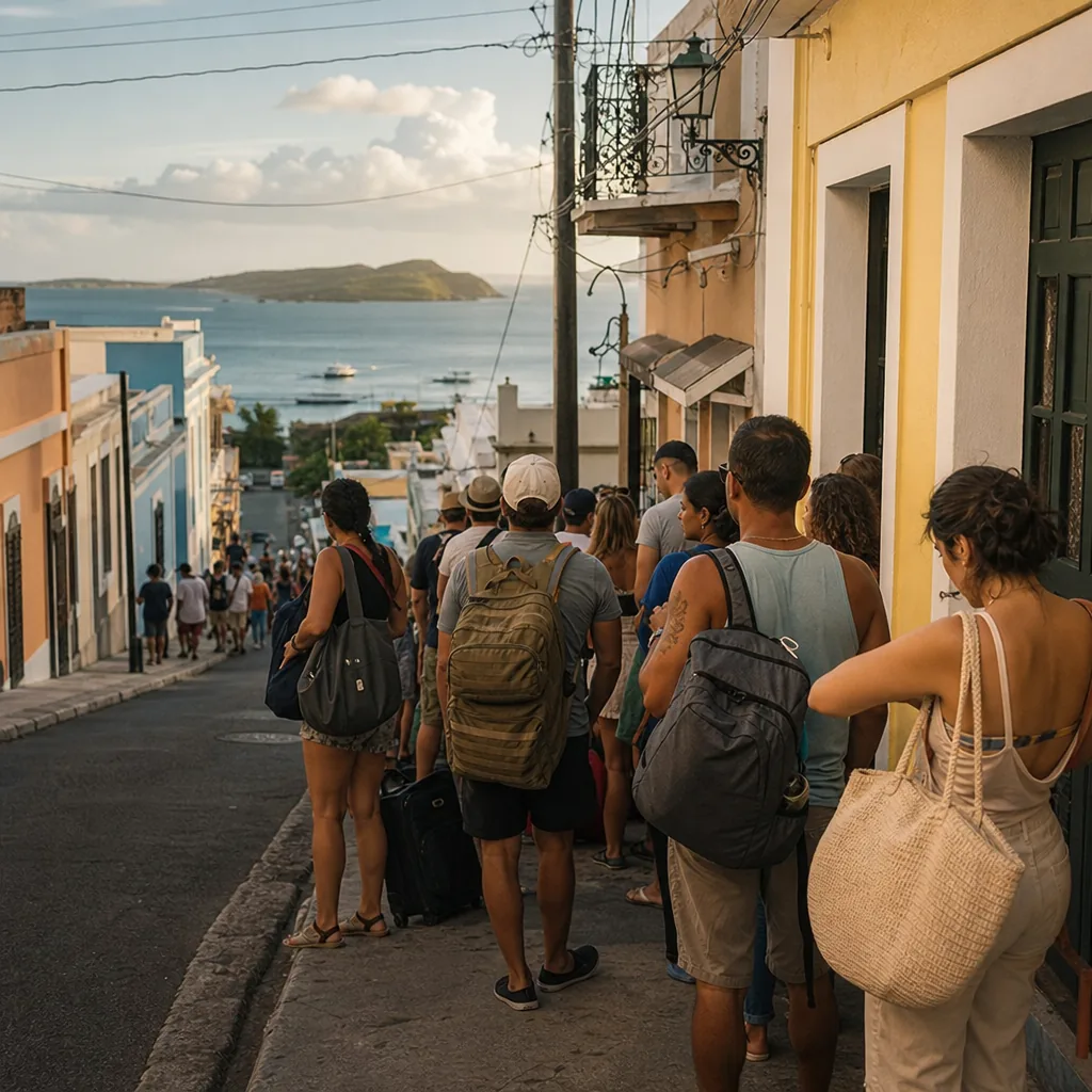 Realistic editorial photo of Puerto Rico travel scene showing too long on vieques or culebra logistics, colorful streets