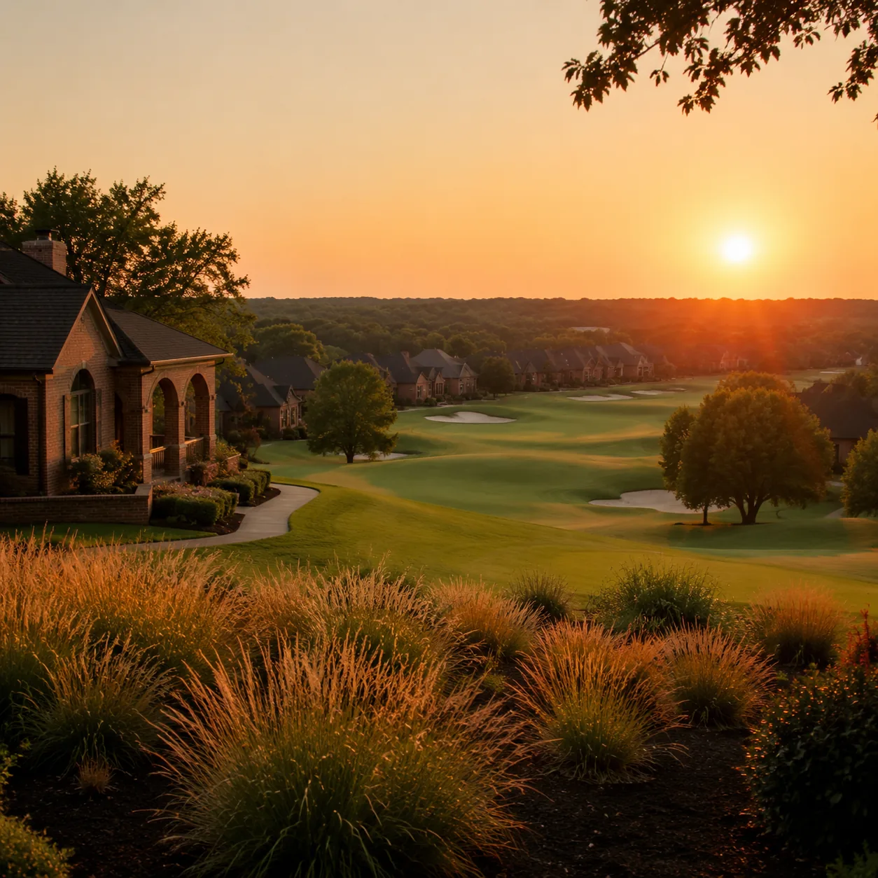Realistic editorial photo of a North Texas country club retirement community with brick homes, golf fairway, mature tree