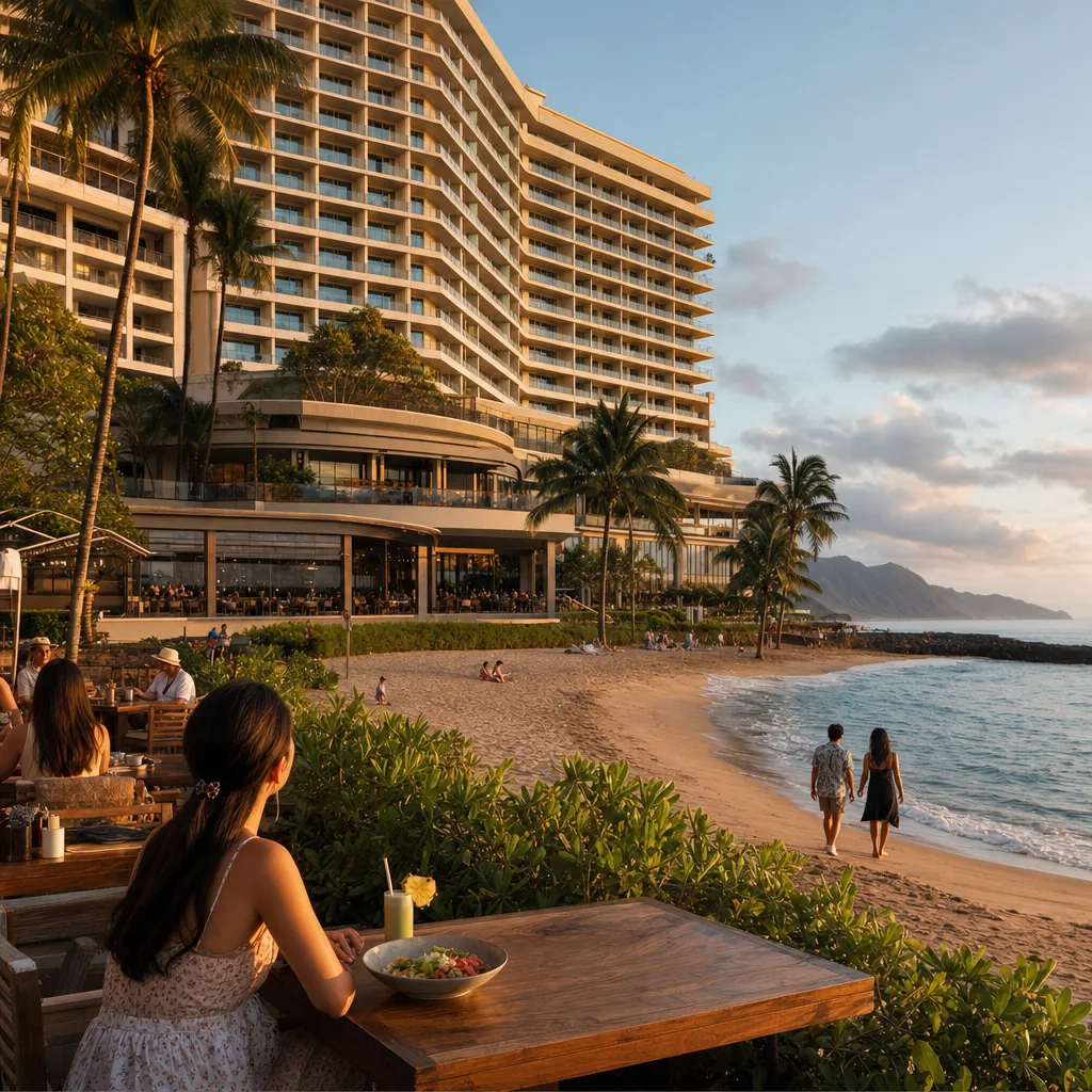 Realistic editorial photo of Hawaii resort scene showing huge resort when you want local food, tropical beach setting, w