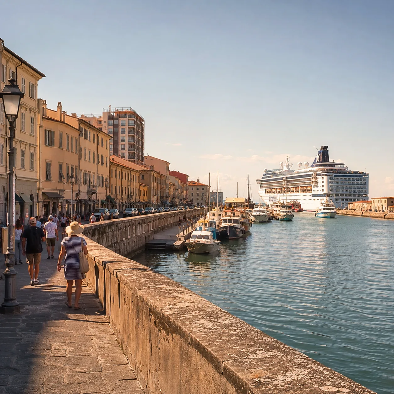 Realistic editorial photo of Livorno For Florence, Italy cruise port waterfront with visitors, local streets, and ship-d