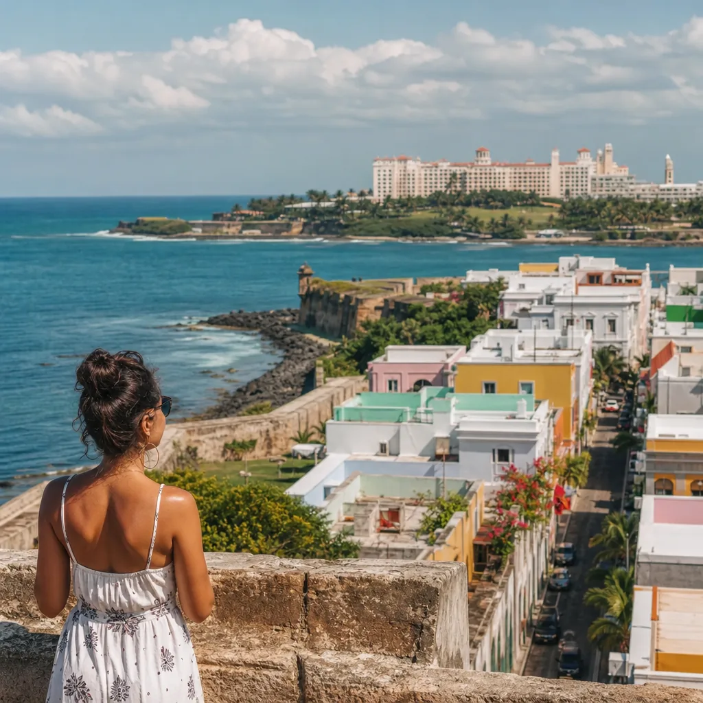 Realistic editorial photo of Puerto Rico travel scene showing resort far from food you want, colorful streets and coastl