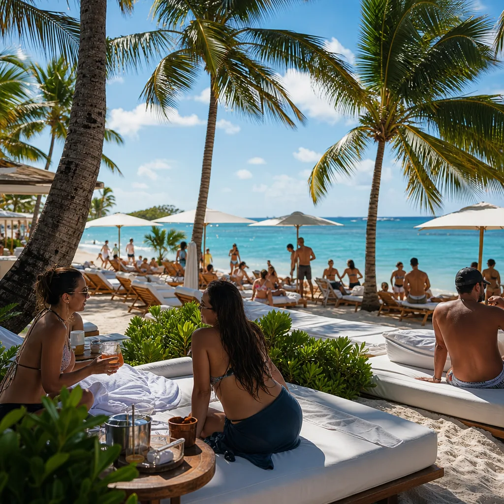 Realistic editorial photo of Punta Cana all-inclusive resort scene showing party resort for a rest trip, palms and resor