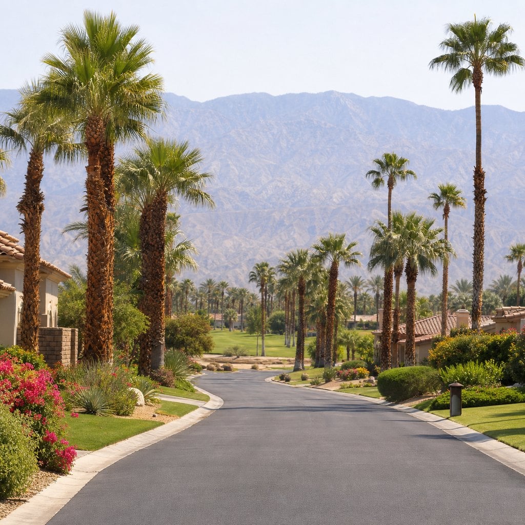 Fresh square editorial photo of a retirement community street in California's Coachella Valley lined with palm trees, golf-co
