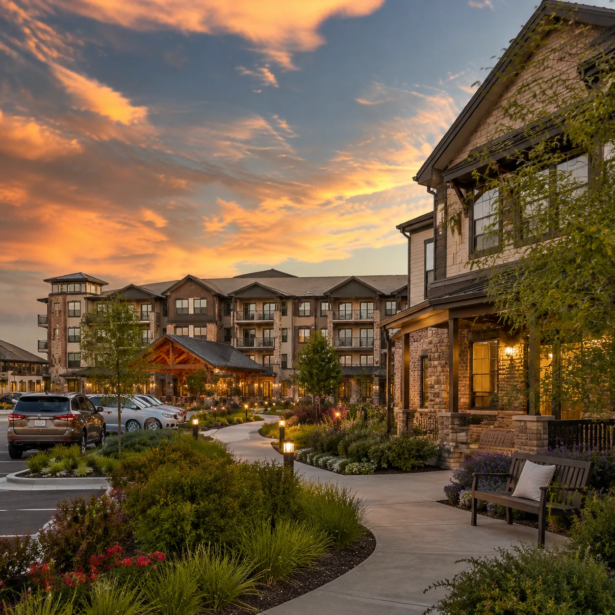 Realistic editorial photo of a luxury North Texas senior living campus with apartment-style buildings, landscaped walkwa
