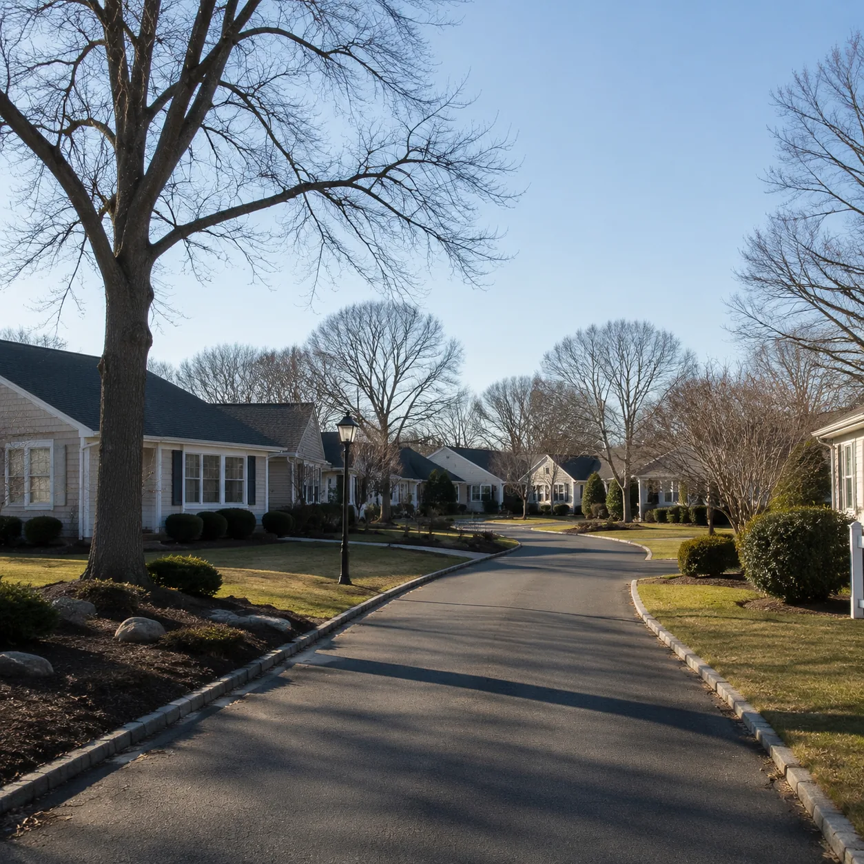 Realistic editorial photo of a quiet older Long Island active adult neighborhood with single-story homes, bare trees, na
