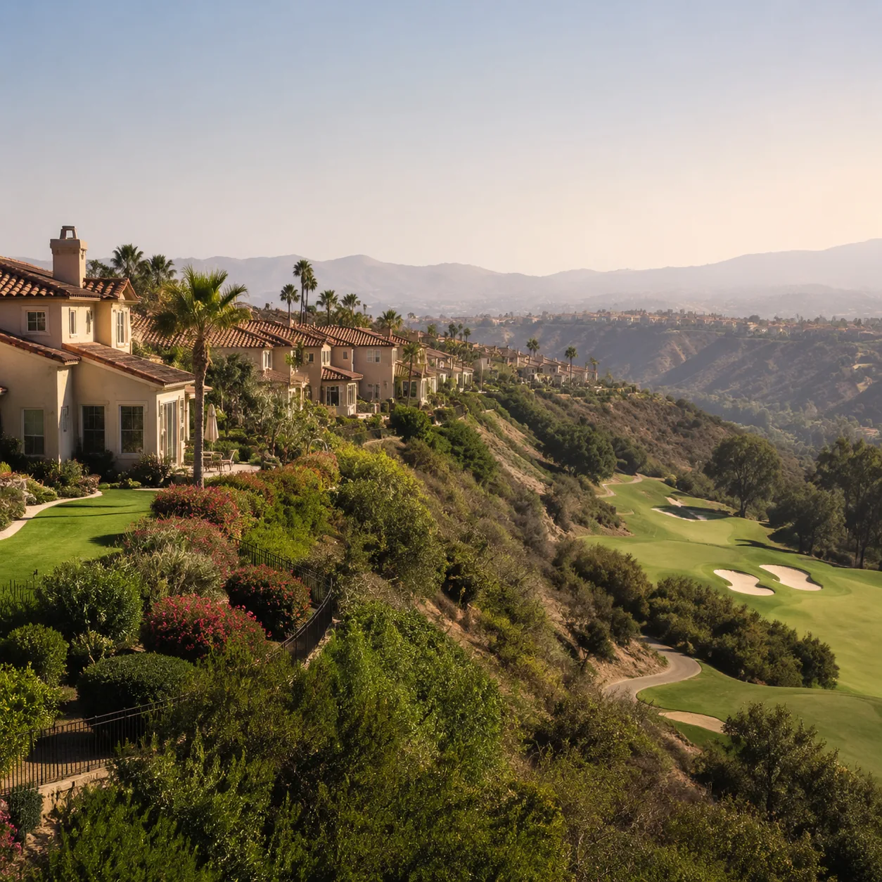 Realistic editorial photo of a Southern California hillside active adult community with golf fairway, canyon edges, tan 